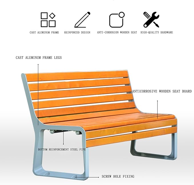 Outdoor 47in Bench Cast Aluminum Metal Garden Bench Weatherproof Weather Resistant Patio Bench Wooden Front Porch Bench(150 * 57cm(59.06 * 22.44in))