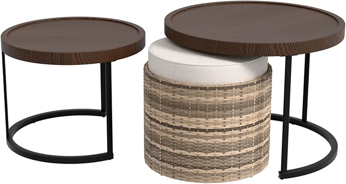 EAGLE PEAK Sunset Dune Collection Round Modern Nesting Coffee Tables, Wood Grain Top Stacking Accent Tables, Matching Ottoman, Indoor Outdoor, Set of 3, Brown