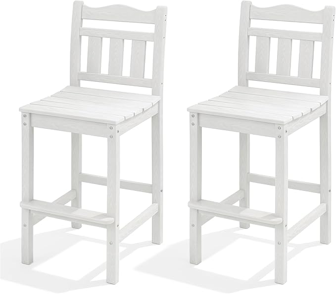 Outdoor Bar Stools Set of 2, HDPE Tall Adirondack Bar Chairs 27.5 Inch Seat Height w/Backrest, All Weather Patio Bar Height Chairs for Bistro Balcony Deck Poolside (White)