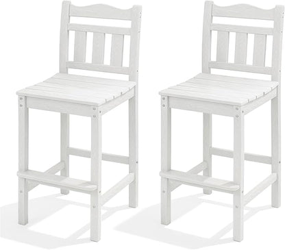 Outdoor Bar Stools Set of 2, HDPE Tall Adirondack Bar Chairs 27.5 Inch Seat Height w/Backrest, All Weather Patio Bar Height Chairs for Bistro Balcony Deck Poolside (White)