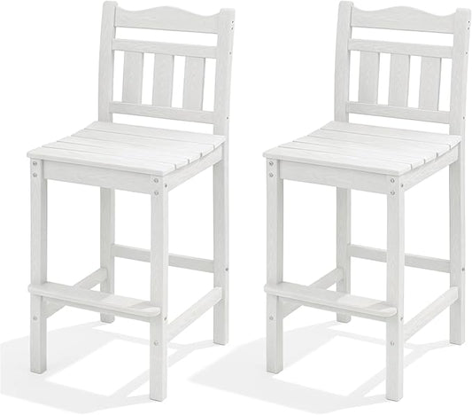 Outdoor Bar Stools Set of 2, HDPE Tall Adirondack Bar Chairs 27.5 Inch Seat Height w/Backrest, All Weather Patio Bar Height Chairs for Bistro Balcony Deck Poolside (White)