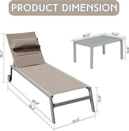 Domi Patio Chaise Lounge Set of 3, Aluminum Pool Lounge Chairs with Side Table and Wheels, Textilene Padded Adjustable Recliner All Weather for Patio Deck Poolside Beach Yard, Lawn, Khaki