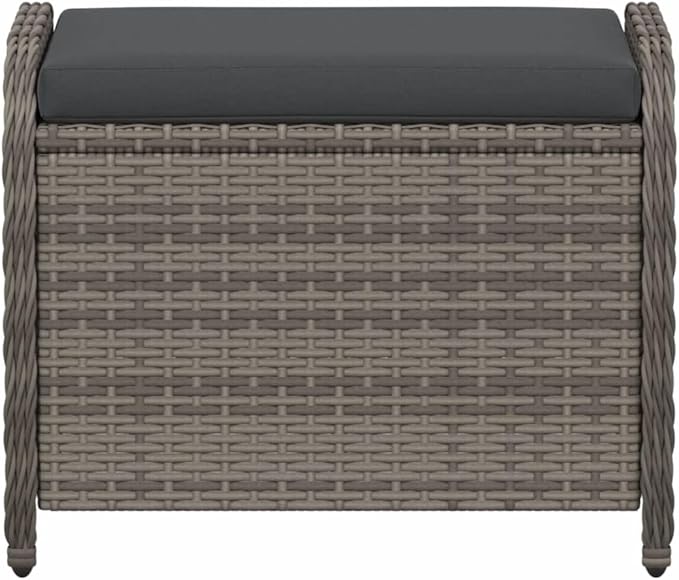 vidaXL Gray Poly Rattan Patio Stool with Cushion - Removable Cover, Weather-, Powder-Coated Steel Frame - 22.8" x 18.1" x 18.1" Outdoor Seating for Garden, Patio, Deck