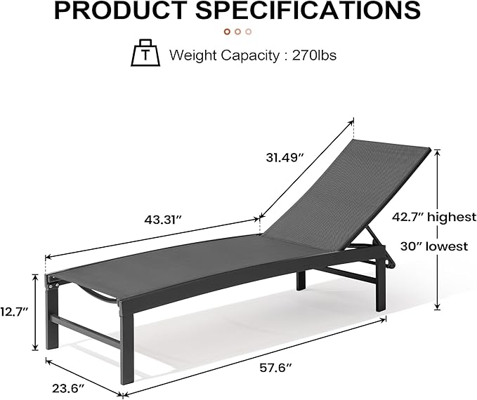 Crestlive Products Lounge Chair Outdoor Set of 2, Aluminum Pool Chaise Lounge Chairs, Adjustable Five-Position Tanning Recliner, All Weather for Patio, Beach, Yard, Pool (Black)