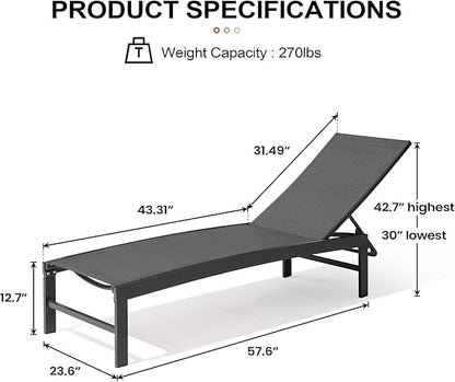 Crestlive Products Lounge Chair Outdoor Set of 2, Aluminum Pool Chaise Lounge Chairs, Adjustable Five-Position Tanning Recliner, All Weather for Patio, Beach, Yard, Pool (Black)