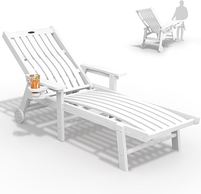 THOEOE Patio Chaise Lounge Chair, Oversized Lounge Chair Outdoor with 5 Positions, HDPE, Patio Lounge Chair with Wheels & Cup Holder for Pool, Deck, Poolside,White