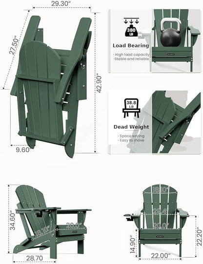 MUCHENGHY Folding Adirondack Chairs Set of 4, Patio Chairs, Lawn Chairs, Outdoor Chairs, Adirondack Chair Plastic, Fire Pit Chairs, Weather Resistant with Cup Holder for Deck, Backyard, Garden(Green)