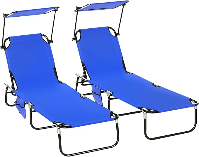 Outsunny Folding Chaise Lounge Pool Lounge Chairs Set of 2, Outdoor Sun Tanning Chairs with Canopy Shade, Reclining Back, Steel Frame and Side Pocket for Beach, Yard, Patio, Blue