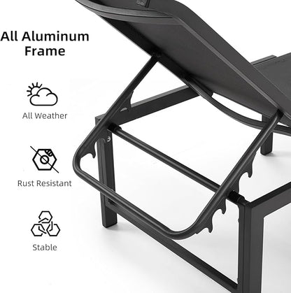 Lounge Chair Outdoor Set of 4, Foldable & Assembly Free Aluminum Chaise Lounge Chair with 5-Position Recliner, Pool Lounge Chairs for Outside Poolside Beach Lawn (Black)