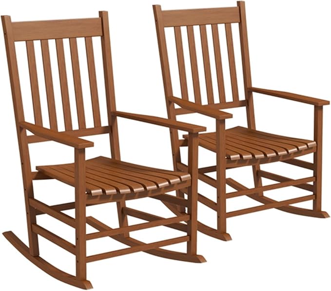 2Pcs Wooden Rocking Chairs, Wood Classic Slatted Patio Porch Rockers for Porches, Backyards, Poolside Balconies, Decks(Teak)