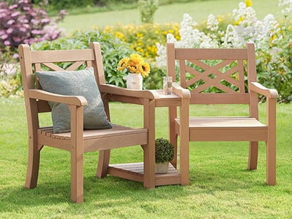 Psilvam Patio Furniture, All-Weather Poly Lumber Outdoor Loveseat, 2-Seater Outdoor Chair with Center Table & Umbrella Hole, Waterproof Accent Chairs Suitable for Lawn, Garden, Terrace (Teak Color)