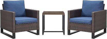 Rilyson Wicker Outdoor Patio Chairs Set - 3 Piece Rattan Patio Furniture Bistro Chairs Set with Waterproof Wicker,Comfortable Cushions and Sturdy Metal Frame for Porch Deck Backyard(Brown/Blue)