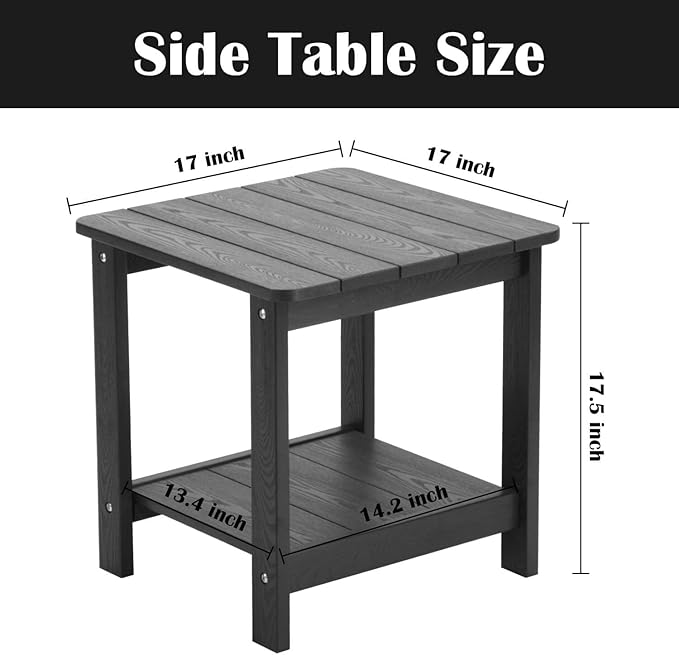 hOmeHua Weather Resistant Side Table, 17 inch Square 2-Layer Structure Wide Desktop, Imitation Wood Stripes, Easy to Assemble & Maintain, Suitable for All Indoor & Outdoor Places - Black