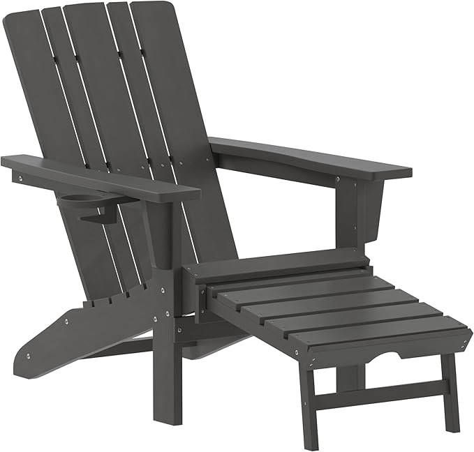 Flash Furniture Halifax Poly Resin Adirondack Chair with Cup Holder and Pull Out Ottoman, All-Weather Poly Resin Indoor/Outdoor Lounge Chair, Gray, Set of 1