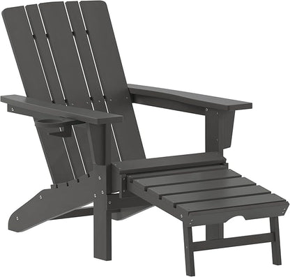 Flash Furniture Halifax Poly Resin Adirondack Chair with Cup Holder and Pull Out Ottoman, All-Weather Poly Resin Indoor/Outdoor Lounge Chair, Gray, Set of 1