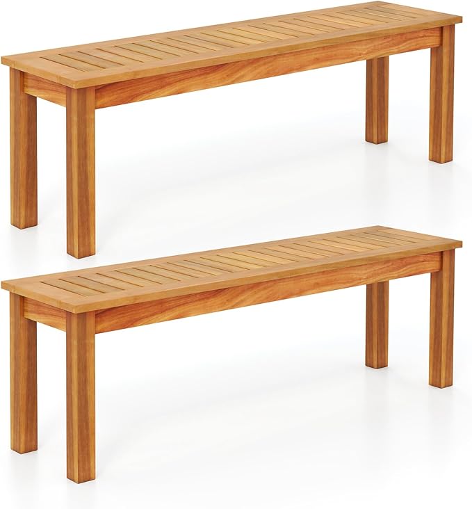 Giantex 52" Outdoor Benches of 2, Patio Wood Bench with Slatted Seat and Solid Wood Legs, 794 LB Capacity, Outside Acacia Wood Garden Bench for Patio, Entryway, Backyard, Porch