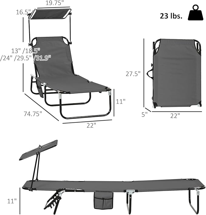 Outsunny Folding Chaise Lounge Pool Lounge Chairs Set of 2, Outdoor Sun Tanning Chairs with Canopy Shade, Reclining Back - Photo 3