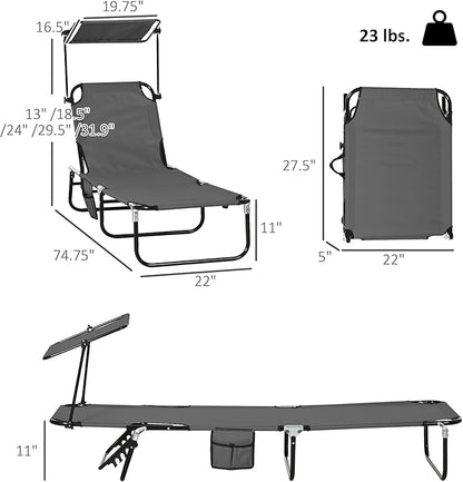 Outsunny Folding Chaise Lounge Pool Lounge Chairs Set of 2, Outdoor Sun Tanning Chairs with Canopy Shade, Reclining Back, Steel Frame and Side Pocket for Beach, Yard, Patio, Dark Gray