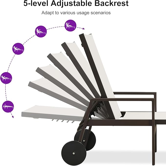 PURPLE LEAF Outdoor Chaise Lounge Chair Set of 2 with Armrests, Aluminum Patio Loungers with Wheels and Adjustable Backrest, Includes Side Table for Deck, Outside, Lawn, Garden, Linen