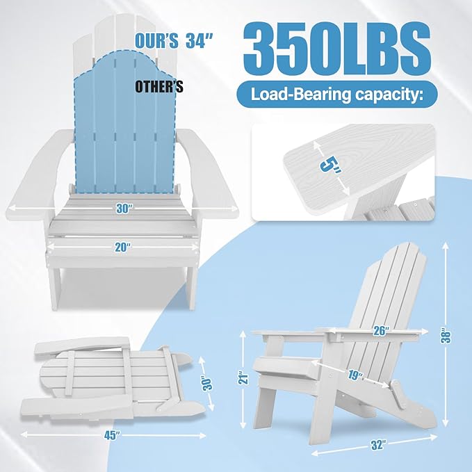 MXIMU Folding Adirondack Chair for Outdoor: Easy Assembly Adirondack Chairs Set of 8 - Composite Plastic Fire Pit Chairs - All Weather Plastic Chair for Outside Patio Lawn Garden Backyard Use