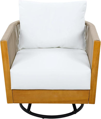 Merax Outdoor Swivel Chair, 360-Degree Rotation, Natural Acacia Wood with Handwoven Beige Rope Design and Seat Cushion, Metal Swivel Base, Weather-Resistant Chair for Patio Garden Balcony