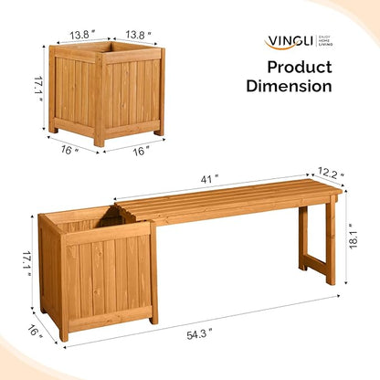 VINGLI Outdoor Wood Bench with Planter Boxes, 2-in-1 All-Weather Porch Bench Seat ＆ Open-Ended Wooden Raised Garden Bed, for Balcony Yard Patio (1 Box + 2 Boxes)