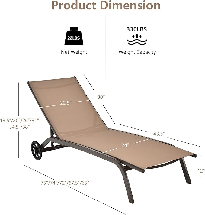COSTWAY Chaise Lounge Chair Outdoor with Wheels, 6-Position Adjustable Tanning Chair with Stable Aluminum Frame - Photo 3