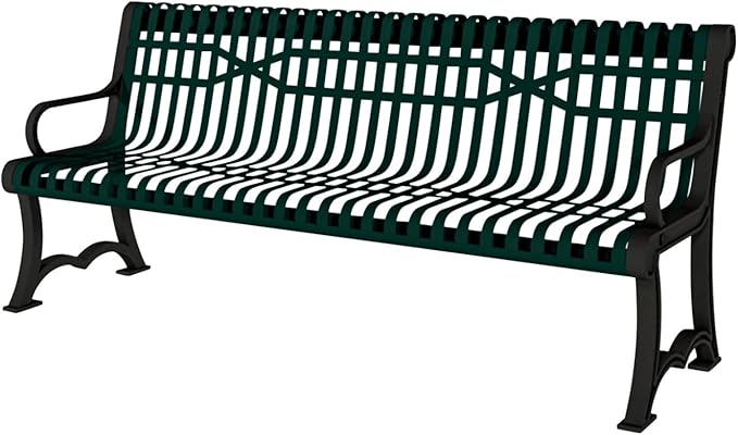 COATEDOUTDOORFURNITURE Coated Outdoor Furniture Heavy-Duty Outdoor Bench Thermoplastic Coated, Slatted Steel, Commercial-Grade Garden Bench, Made in America (Portable with Back, 4 Ft, Dark Green)