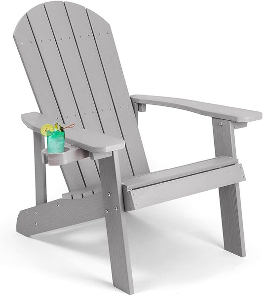 Adirondack Chair, All Weather Resistant Plastic Chairs with Cup Holder, 5 Easy Steps to Install, Outdoor Chairs for Patio, Garden, Backyard Deck, Lawn, Fire Pit - Grey