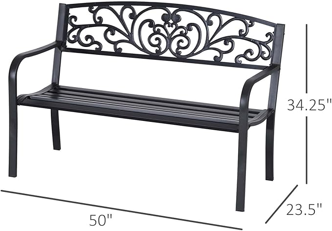 50" Outdoor Bench Metal Garden Bench with Floral Pattern Backrest Porch Bench with Slatted Seat for Park Yard Lawn Black