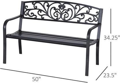 50" Outdoor Bench Metal Garden Bench with Floral Pattern Backrest Porch Bench with Slatted Seat for Park Yard Lawn Black