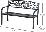 50" Metal Garden Benches for Outside, Front Porch Bench with Floral Pattern Backrest - Photo 2