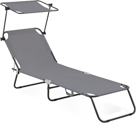 Folding Outdoor Lounge Chair Set of 2 with Adjustable Shade Canopy, Portable Sun Tanning Chairs, Gray (1, Grey)