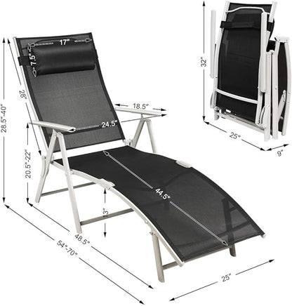 Tangkula 2 PCS Outdoor Folding Chaise Lounge Chair, Lightweight Recliner Chair w/ 7 Adjustable Backrest Positions, Patio Reclining Beach w/Removable Cushion & Pillow for Patio Poolside (Black)