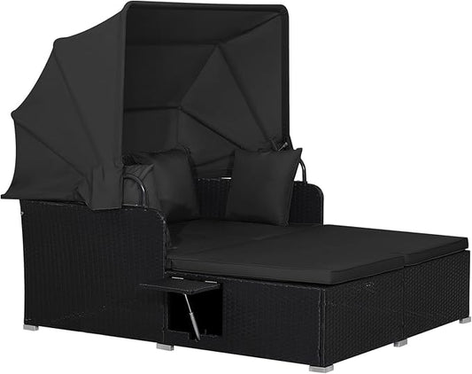 RELAX4LIFE Patio Outdoor Daybed with Canopy, Wicker Sunbed w/Cushions, 4 Pillows & 2 Retractable Side Trays, 2-Person Lounge Bed Conversation for Poolside Porch Garden, Rattan Outdoor Bed (Black)