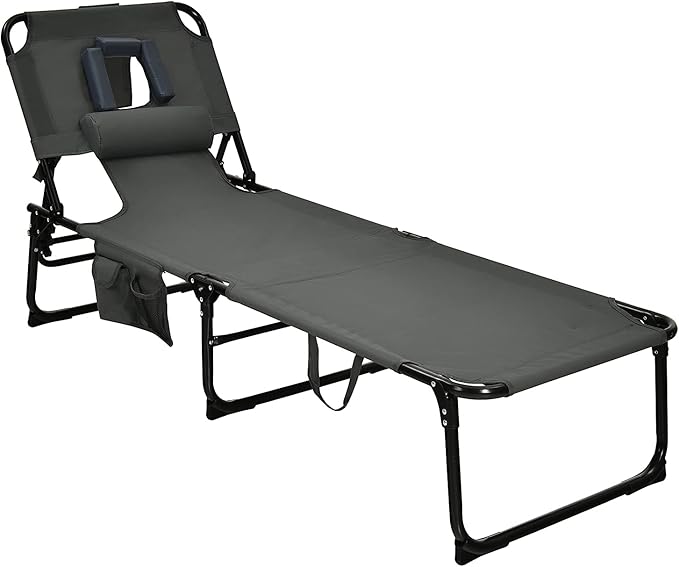 GYMAX Tanning Chair, Folding Beach Lounger with Face Arm Hole, Adjustable Backrest, Side Pocket, Pillow & Carry Handle - Photo 1