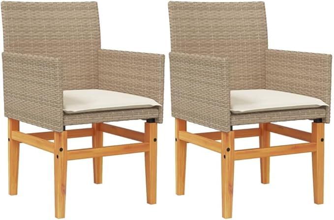 Patio Chairs with Cushions 2 pcs Beige Poly Rattan&Solid Wood Sillas para Patio Lawn Chairs for Dining Table Garden - Photo 3