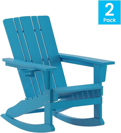 Flash Furniture Halifax Adirondack Rocking Chairs with Cup Holder, Weather Resistant Poly Resin Adirondack Rocking Chairs, Set of 2, Blue