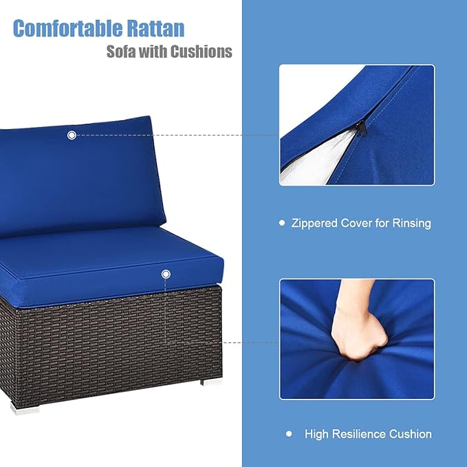 DORTALA 2 Piece Wicker Sectional Armless Chairs, Outdoor Rattan Sectional Sofa Set w/Cushions for Seat and Back, Additional Seats for Garden Balcony Patio Poolside, Navy