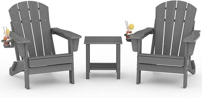 Garvee Folding Adirondack Chair Set of 2 with Side Table, HDPE Outdoor Patio Chair with Cup Holder, All Weather Resistent Wooden Textured for patios, Decks, Gardens, fire Pit, Grey