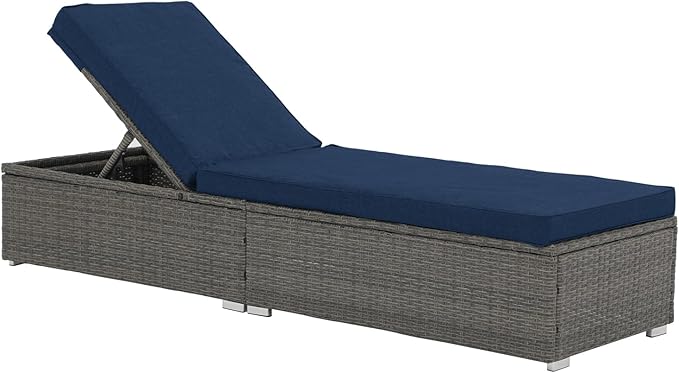 JOIVI Outdoor Chaise Lounge Chair, All-Weather PE Wicker Patio Chaise Lounge Pool Lounger, Gray Rattan Reclining Outdoor Chair with Adjustable Backrest & Removable Cushion(Navy Blue)