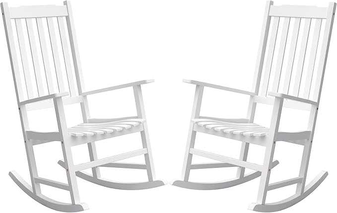Greesum Outdoor Rocking Chairs Set of 2, Acacia High Back Oversized All-Weather Lounge Rocker with 320 lbs of Support for Patio, Garden, Deck, Porch,White