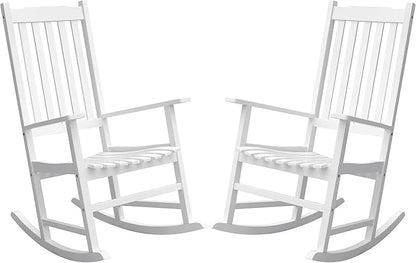 Greesum Outdoor Rocking Chairs Set of 2, Acacia High Back Oversized All-Weather Lounge Rocker with 320 lbs of Support for Patio, Garden, Deck, Porch,White