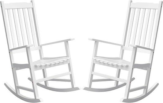 Greesum Outdoor Rocking Chairs Set of 2, Acacia High Back Oversized All-Weather Lounge Rocker with 320 lbs of Support for Patio, Garden, Deck, Porch,White
