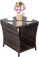 Henf Wicker Rattan Side Table Outdoor Square End Table Coffee Table with Glass Top - Photo 1