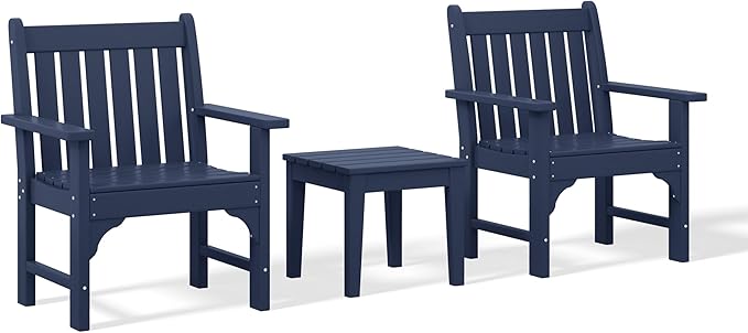 Costaelm 3 piece Patio Set, Outdoor Table and Chairs Set of 3, 3-Piece HDPE Garden Chair with Square Adirondack Side Table, Porch Chairs Coffee Table for Outside Porch Backyard, Navy Blue