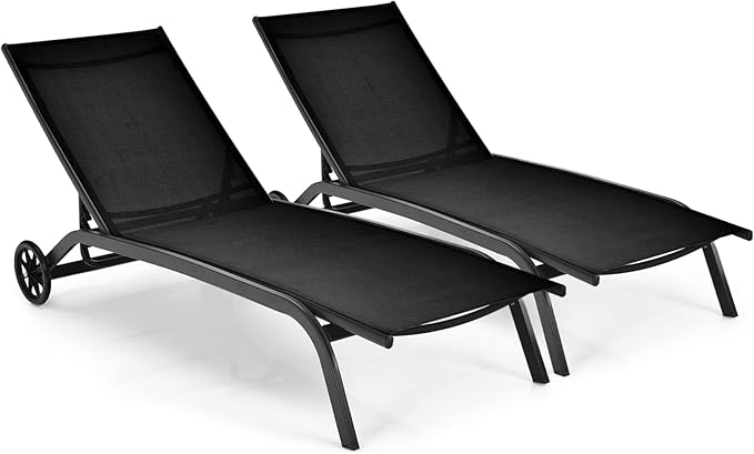 Giantex Patio Lounge Chairs for Pool Area, Outdoor Chaise Lounger with 6 Adjustable Position Smooth Wheels and Quick-Drying Fabric, Lawn Recliner for Backyard, Garden Sunbathing Chair (2, Black)