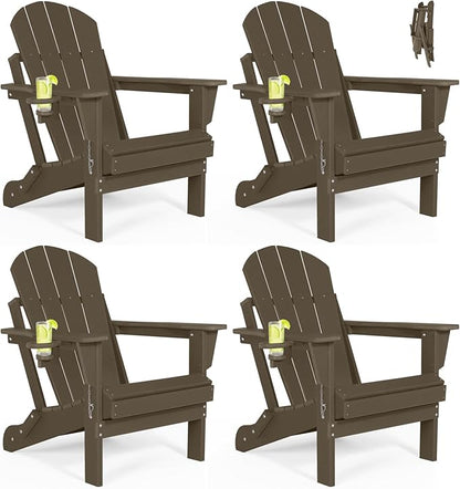 Folding Adirondack Chairs Set of 4 - Plastic Adirondack Chairs with Cup Holder, Weather Resistant for Outdoor, Patio, Lawn, Garden, Backyard Deck, Fire Pit - Dark Brown