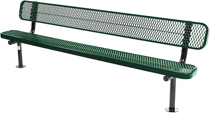 COATEDOUTDOORFURNITURE Coated Outdoor Furniture Heavy-Duty Outdoor Bench Thermoplastic Coated, Expanded Metal, Commercial-Grade Seating, Made in America (Surface with Back, 8 Ft, Textured Green)