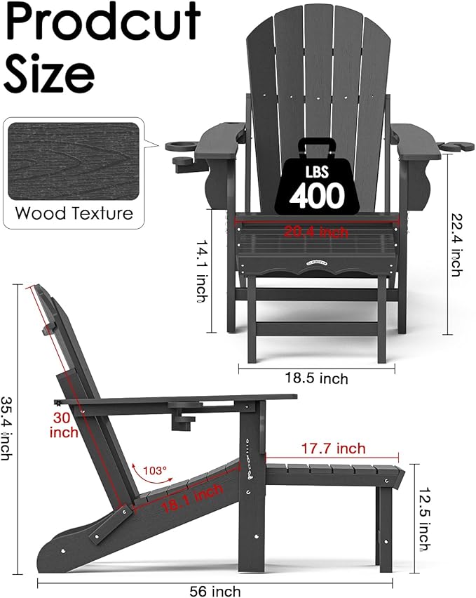 Folding Adirondack Chair with Ottoman, Recyclable HDPE Adirondack Patio Chair with 2 Cup Holder, Outdoor Fire Pit Chairs with Pull Out Footrest, Weather Resistant for Garden, Deck, Poolside, Grey